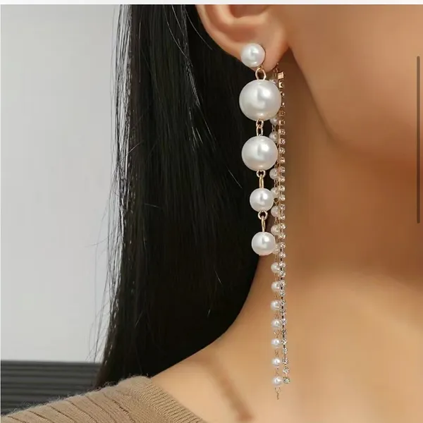 Faux Pearl Shiny Rhinestone Chain Tassel Design Dangle Earrings Elegant‎ - Image 7