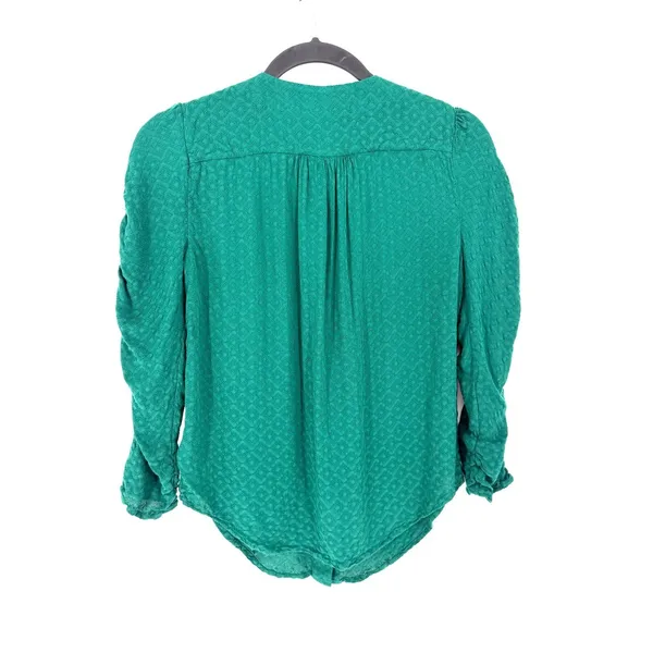 Maeve Anthropologie Emerald Green‎ Jacquard Ruched Puff Sleeve Blouse Size 0 - Image 3
