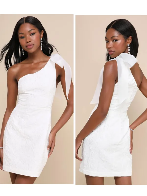 Lulus Unique Perfection White Floral Jacquard One-Shoulder Mini Dress Medium NWT - Image 2