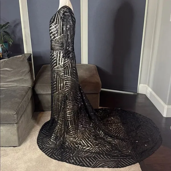 Women’s Black Sequined Full Length Prom Party Dress 3/4 Sleeve Train Size 12 - Image 5