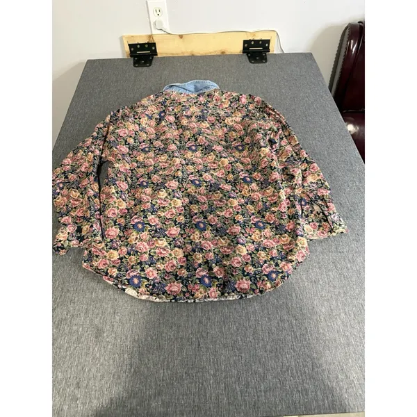 VTG At Last Shirt Top Women M Floral Button Down Long-Sleeve Denim Collar 90's - Image 6