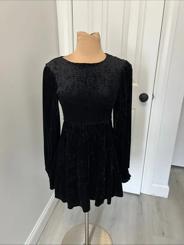 Baltic Born Black Crushed Velvet Smocked Dress - Image 2