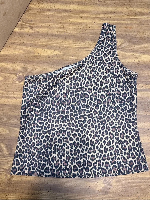One-Shoulder Leopard Print Women's Top - Brown asymmetrical sequins - Image 5