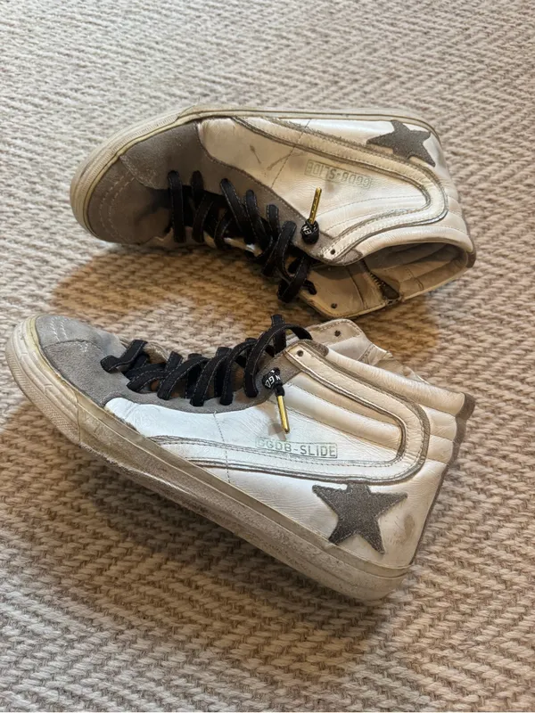 Golden Goose Slide High-Top Sneakers in White and Beige - Image 2