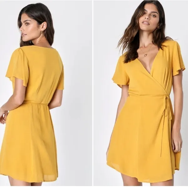 LULU's Sexy Sophisticated Mini Mustard Yellow Wrap Dress • Small NWOT - Image 3