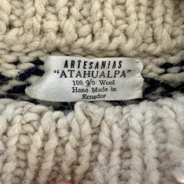 Anthropologie Vintage Heavy Knit 100% Wool Fair Isle Crewneck Sweater Cream, Blue, Brown M - Image 7