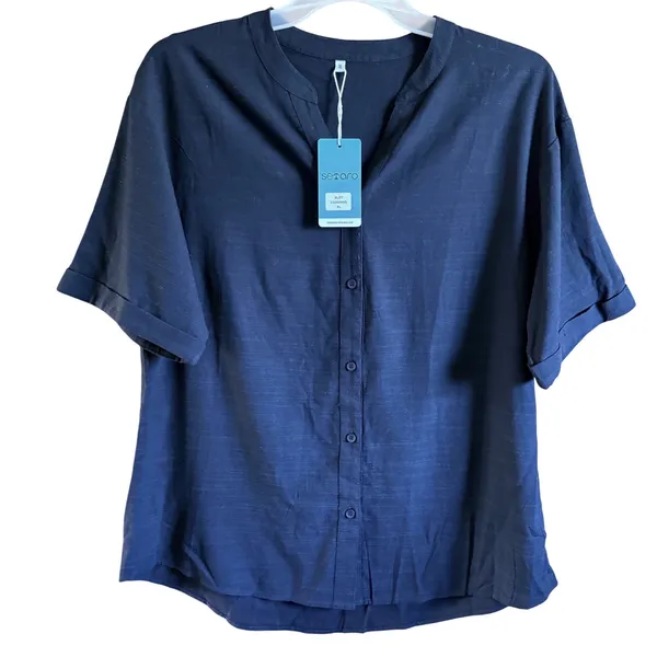 NEW Women Size XLarge Black 100% Cotton Linen-Like Short Sleeve Button Shirt - Image 2
