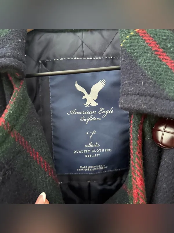 American Eagle Y2K Plaid Belted Wool Peacoat. Navy Green Red - Image 3