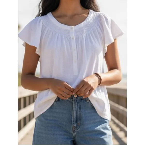 Vineyard Vines White 100% Cotton Gauze Smocked Boho Peasant Blouse‎ Top Medium - Image 8