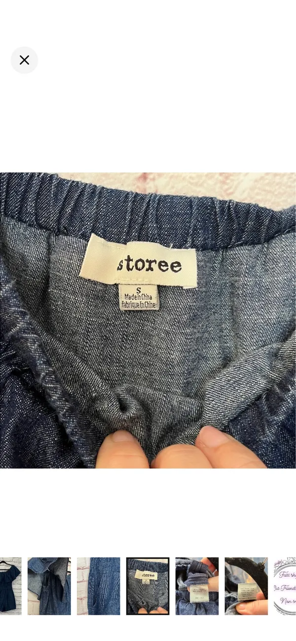 Storee Dark Chambray Off Shoulder Shorts Romper 100% Cotton Navy Small. Like new. Stretchy band around upper arms. Zipper on side. No stretch in body but stretchy waist. Pockets. 14” bust 21” rise 3” inseam - Image 7