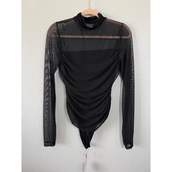 Avidlove Womens Black Mesh Ruched Long Sleeve Mock Neck Bodysuit Size Large - Image 6