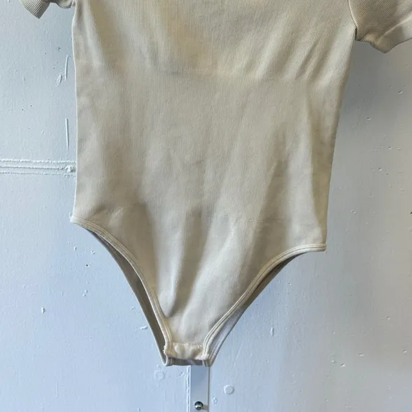 OQQ Ribbed Bodysuit Beige Square Neck Short Sleeve Stretch Small Minimalist - Image 4