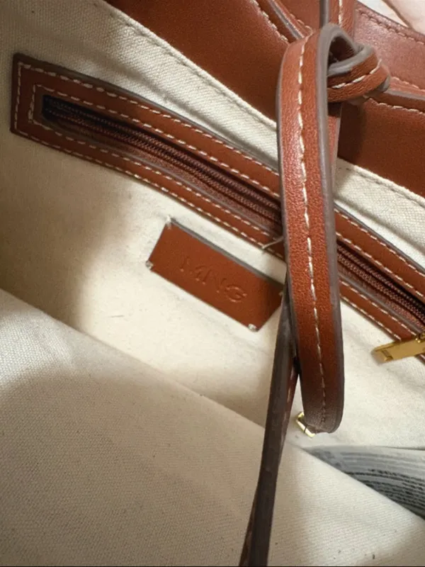 Mango MNG NWOT cognac brown leather Canvas Hobo Shoulder Bag in Beige and Brown - Image 2