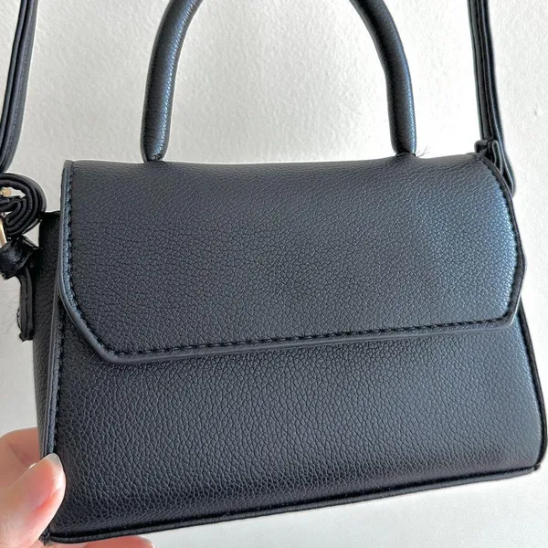 Small Black Top Handle Crossbody Faux Pebble Leather Snap Closure Bag - Image 6