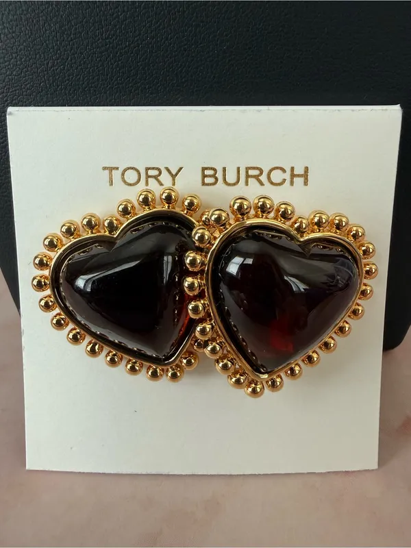 Tory Burch | Gold Plated Dark Cherry Heart Stud Earrings - Image 2