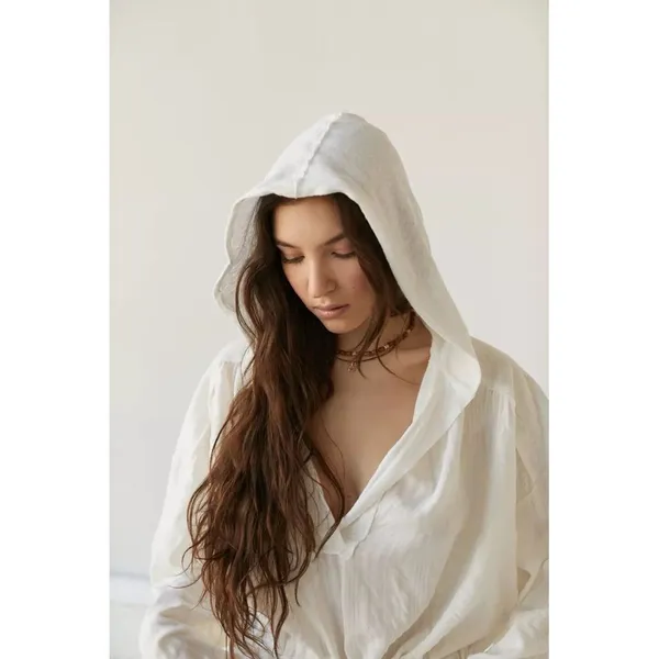 Out From Under Peyton Linen Popover Top White Size XS‎ Oversized Hooded Lounge - Image 3
