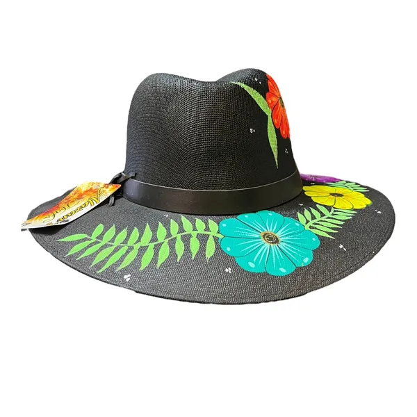 HAT MEXICAN Artisanal Hand Painted Fedora Floral Sombrero Panama Bohemian Black - Image 2