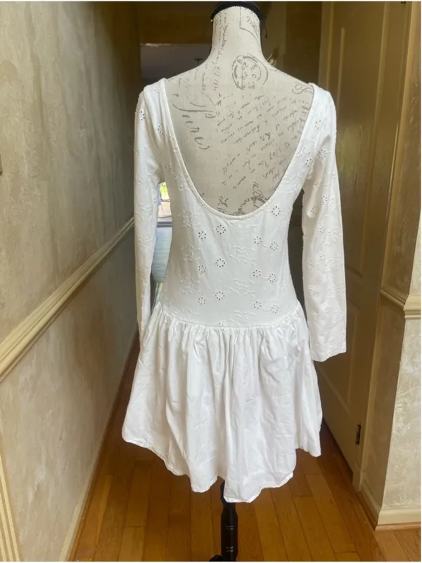 Free People White Eyelet Long Sleeve Drop Waist Mini Dress Sz L/G Romantic Boho - Image 9