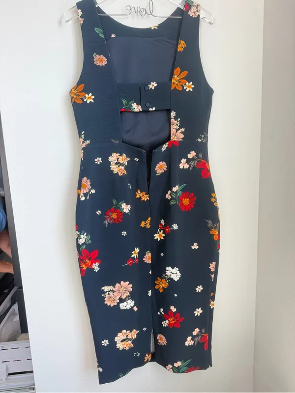 Zara Navy Midi Dress with Red, Pink & Orange Floral Print - Image 3
