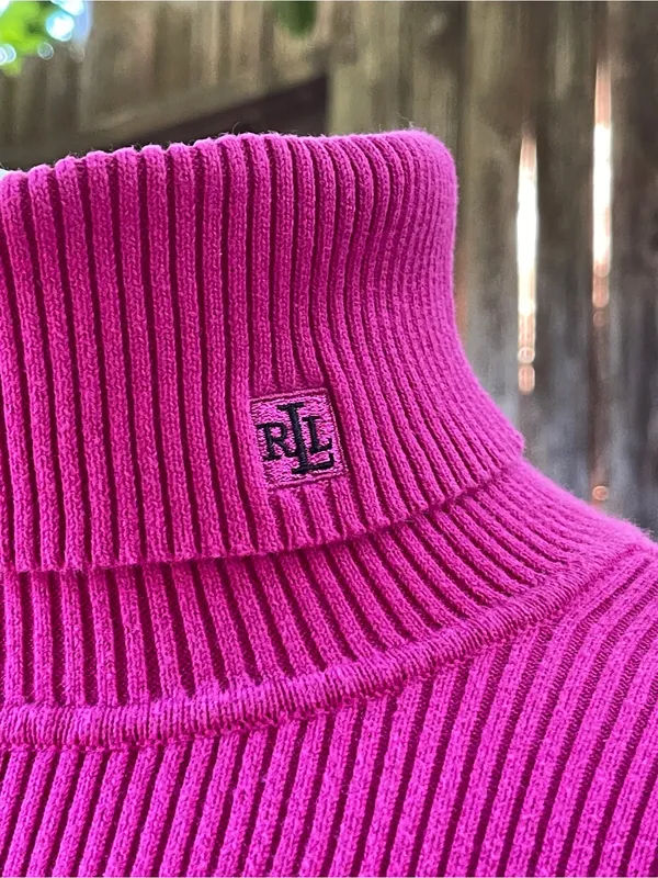 Lauren Ralph Lauren Raspberry Ribbed 100% cotton Turtleneck Sweater minimalist L - Image 3