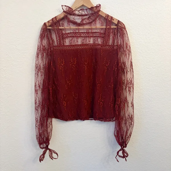 Tularosa Sheer Lace Top M Romantic Victorian Coquette Whimsigoth Ruffle Burgundy - Image 8
