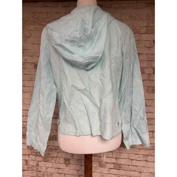 Edward Mint Green Women's Top Long Sleeve M‎ Linen Hood Zip Front - Image 3