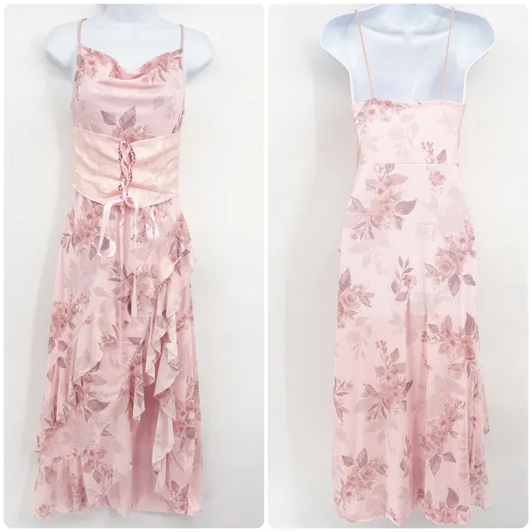 Womens Pink Pastel Floral Lace-up Corset Ruffle Coquette Fairy Maxi Dress Size S - Image 3