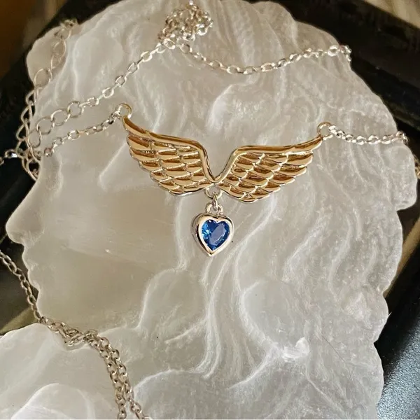 Angel Heart Wings Blue Cz Sterling Silver Necklace - Image 2
