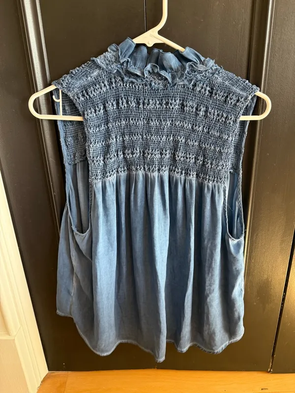 Free People Washed Denim Blue Smocked Ruffle Tie-Front Camisole - Image 7
