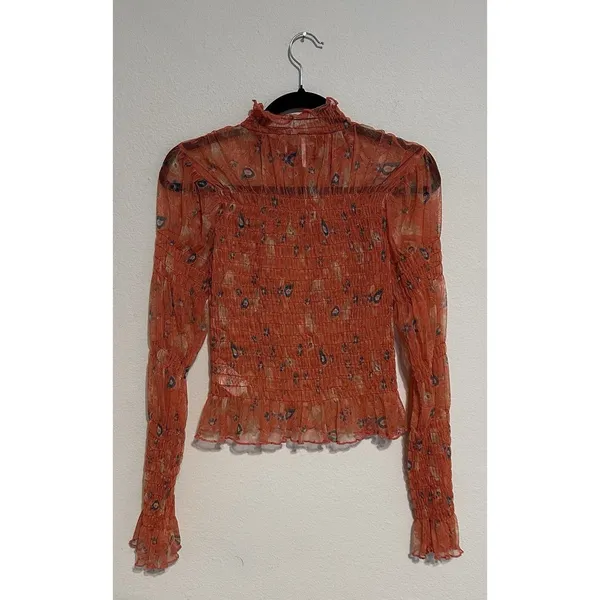 Free People Hello There Floral Sheer Mesh Mock Neck Bell Sleeve Blouse Sz S EUC - Image 5