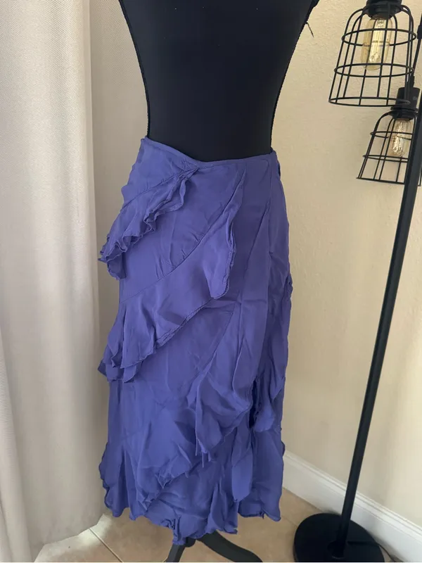 Anthropologie Indigo Ruffle Wrap Maxi Skirt High Slit Boho Romantic Size - Image 2