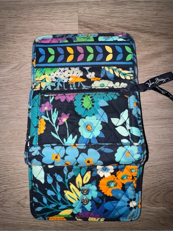 Vera Bradley Black Quilted Wallet with Multicolor Floral Leaves - Image 3