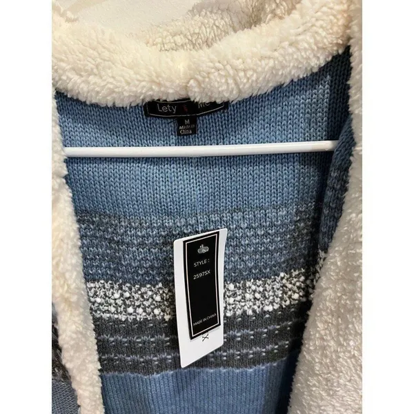 Lety Me Zola NWT Medium Blue Hood Teddy Plush Sherpa Trim Faux Fur Cardigan Fall - Image 3