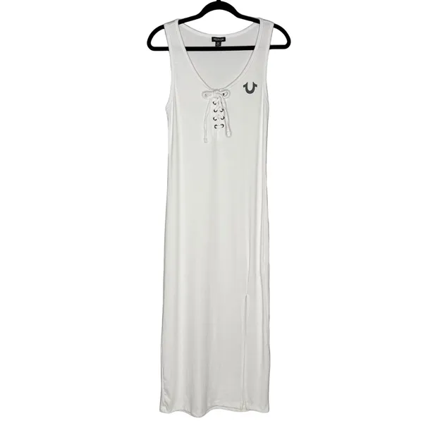 True Religion M Horseshoe Logo Stretch Lace Up Midi Dress Tank Top White $129 - Image 3