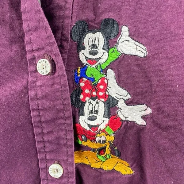 Mickey Unlimited Purple Embroidered Mickey Minnie Pluto Button Down Shirt Top M - Image 3
