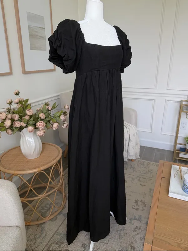A. REN Candace Linen Maxi Dress Washed Black Puff Sleeve Smocked Back M - Image 7