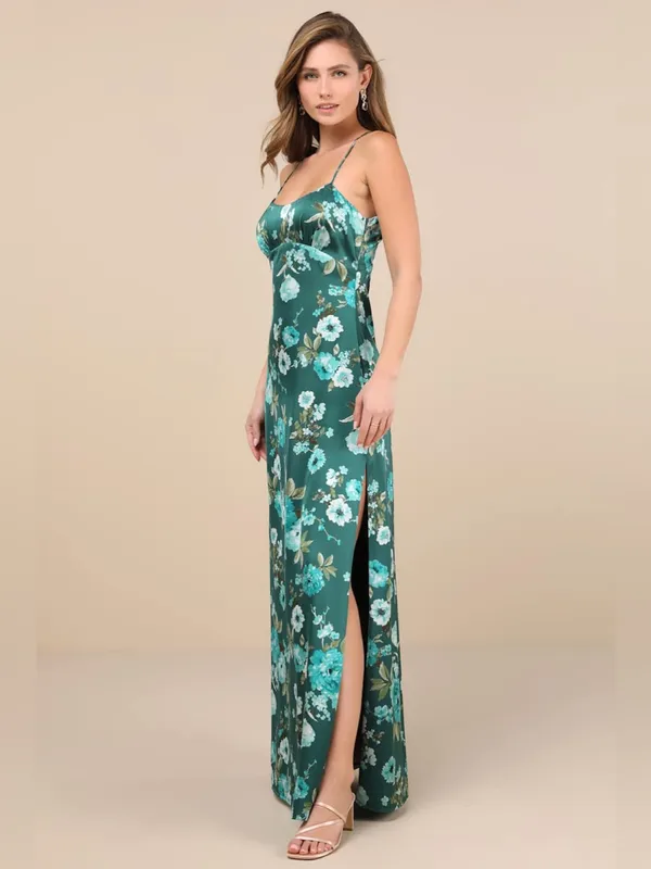 Lulu's Wondrous Allure Green Floral Satin Backless Maxi Dress - Image 3