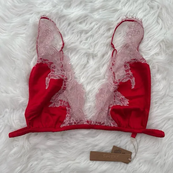 Skims Silk Lace Plunge Bralette Ruby Contrast Size XL - Image 4
