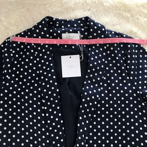 L’ACADEMIE Polka‎ Dot Linen Blazer Medium Navy Blue White Boyfriend Open Front - Image 12