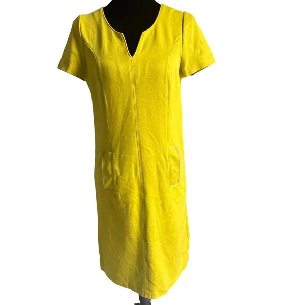 Boden Womens Chartreuse Yellow Shift Dress‎ Notch Neck Pockets US 4R - Image 2