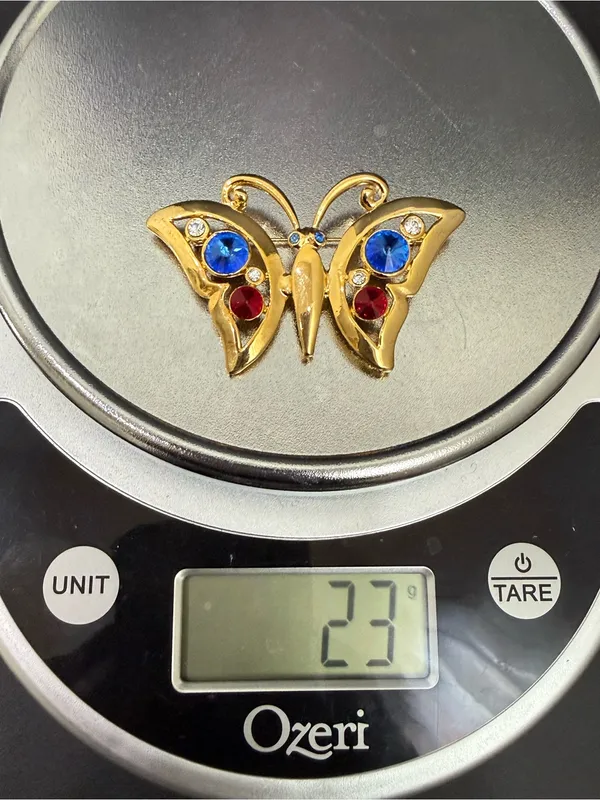 Vintage Regency Accessories Gold-tone Blue & Red Rhinestones Butterfly Brooch - Image 9
