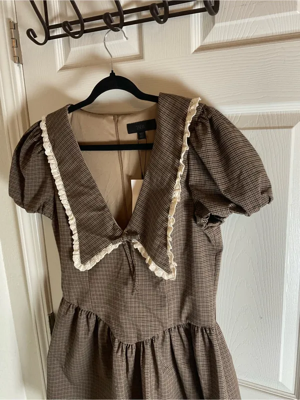 ZARA NWT Plaid Statement Collar Mini Dress Puff Sleeve XL⁠ - Image 7