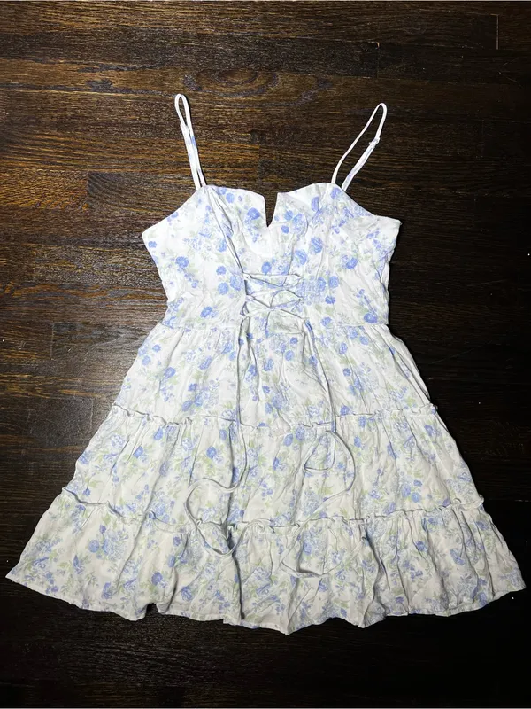 Altar’d State Vinka White and Blue Floral Lace-Up Mini Dress Lace Up Size Large - Image 2