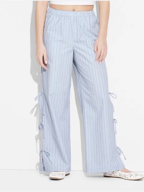Wild Fable Wide Leg Pants Blue Striped Tie Side Size Medium - Image 2