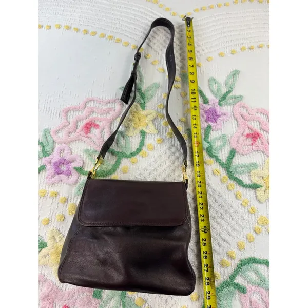 Vintage Dark Brown Leather Crossbody Bag Gold Hardware Flap‎ Snap Closure - Image 8