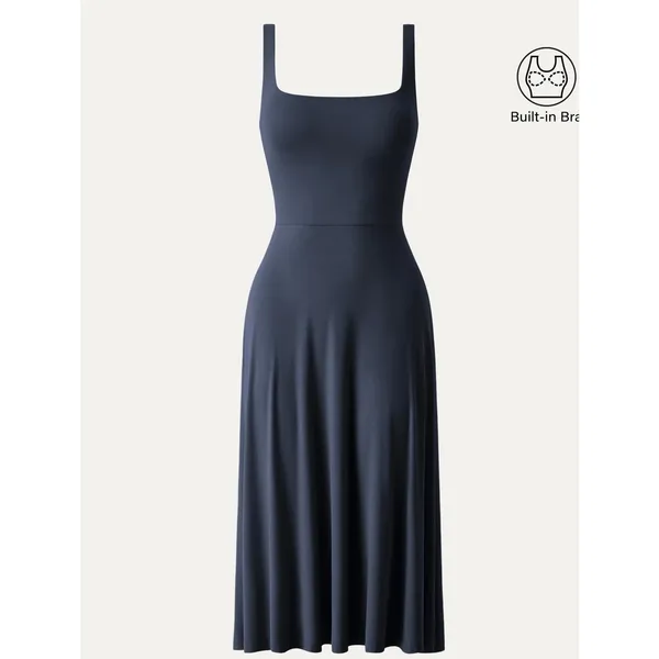 OGL Move Square Neck Flowy Midi Bra Dress Midnight Navy Blue Small NEW - Image 2