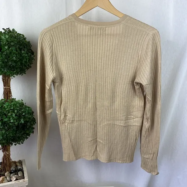 Banana Republic Cream Tan Ribbed Button Front Long Sleeve Cardigan Sweater Top S - Image 3