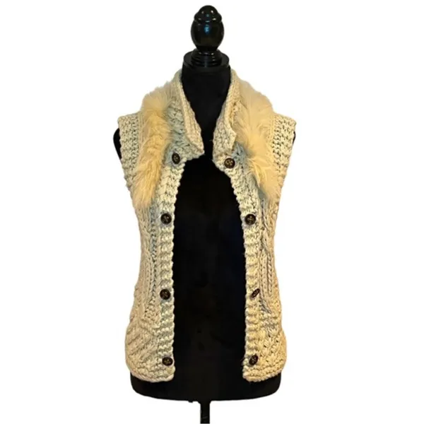 Papaya Chunky Knit Sweater Vest Cream Faux Fur Trim Rabbit Hair Medium - Image 3