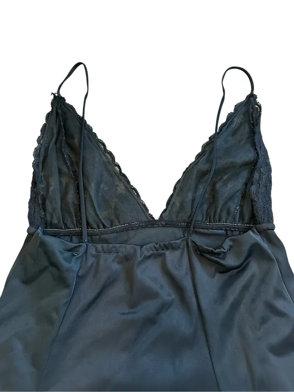 Vintage Silky Nylon Black Lingerie Slip Dress Lace Trim Empire Waist Dark Fairy - Image 5