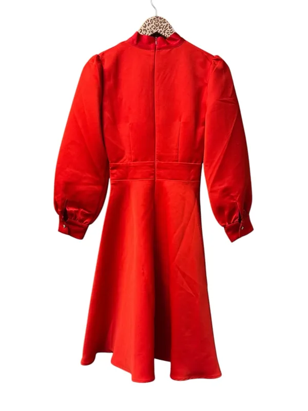 Ivy City Co. Pippa Long Sleeve Tie Bow Neck Knee Length Dress Satin Red XXS NEW - Image 5